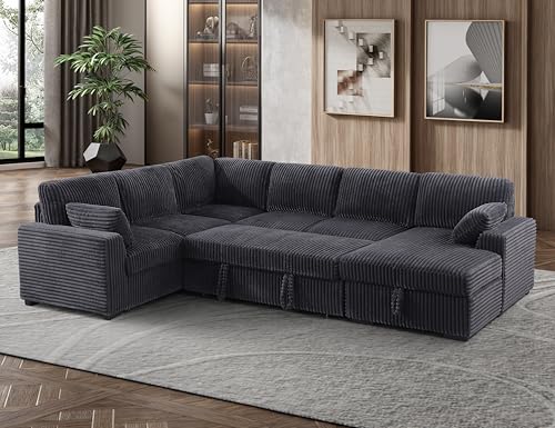 L-Shaped Pull Out Sleep Sofabed with Storage Chaise, Chenille Upholstered X30892