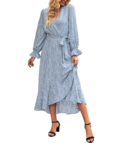 BTFBM Women Long Sleeve Wrap Maxi Dress V Neck Boho Floral High Waist Flowy Ruffle 2024 Spring Summer Dresses with Belt
