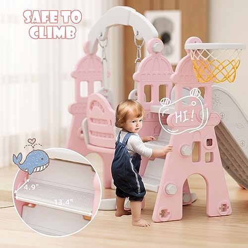 67i Toddler Swing and Slide Set 5 in 1 Indoor Playset with Basketball Frame (Pink) J1947