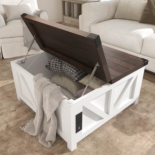 Farmhouse Lift Top Coffee Table with Storage and Charging Station, Brown J61149
