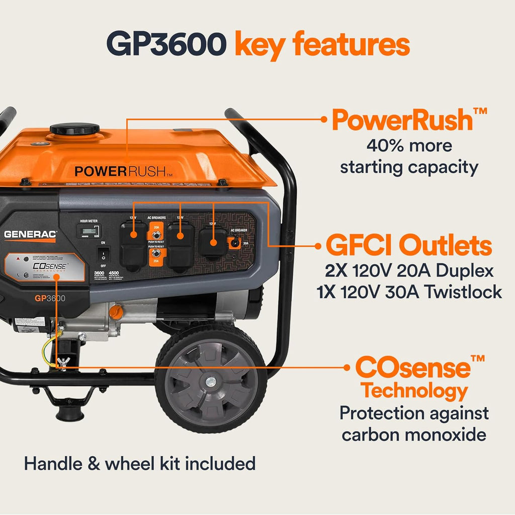 Generac 7678 GP3600 3600-Watt Portable Generator, CARB Compliant, Orange/Black X608276