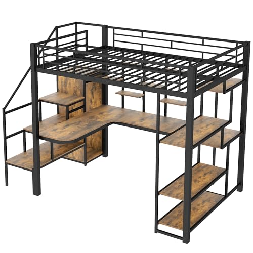 Full Size Loft Bed with Desk & Stairs, Heavy Duty Metal, Black E948
