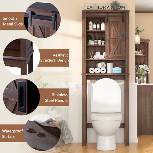 Farmhouse Over The Toilet Storage Cabinet 68" Tall with Sliding Barn Door, Rustic Oak & White E269