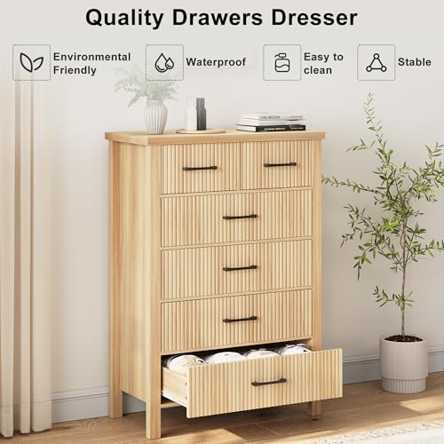 Fluted 6 Drawers Dresser for Bedroom, Tall Boho Chest with Metal Handle, Natural Oak S427