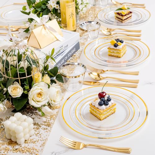 bUCLA 300PCS Gold Disposable Dinnerware Set - White and Gold Plastic Plates for Party S185