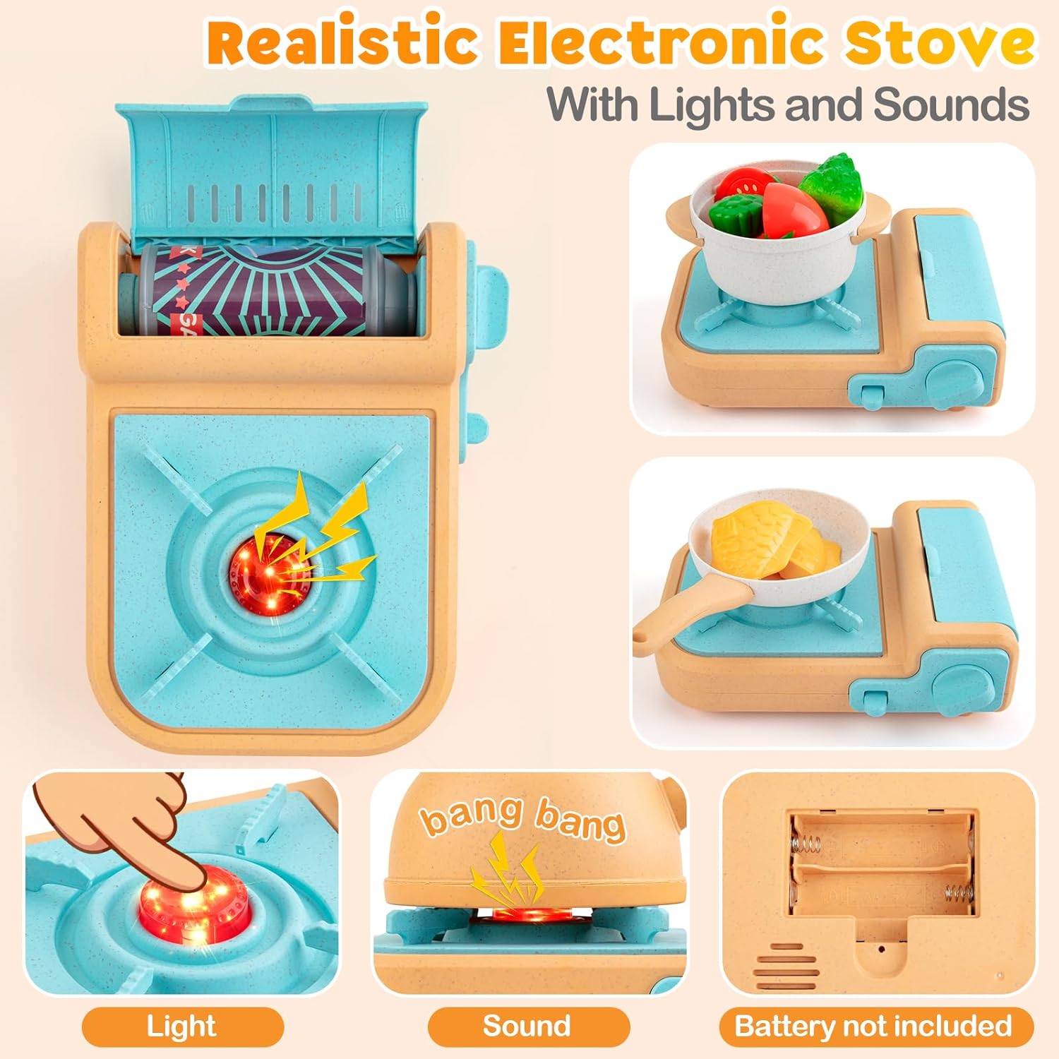 Pretend Play Kitchen Accessories Set, 44PCS Kids Cookware Toys with Gas Stove Sound & Light Z90914