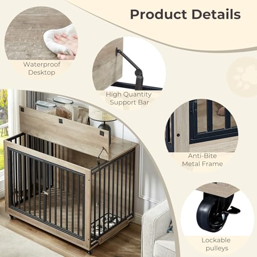 Dog Crate Furniture with Pull-Out Bowls, Heavy Duty Wooden Kennel, Grey F410