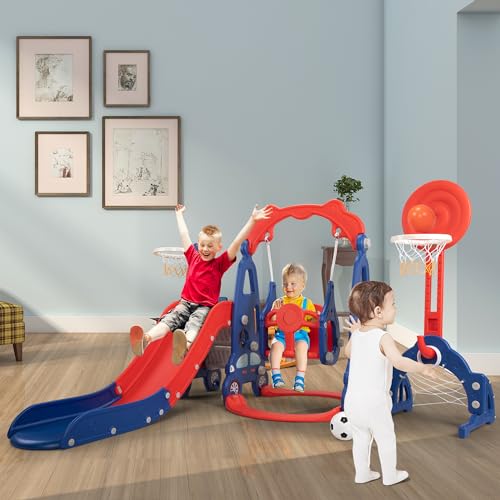 5 in 1 Toddler Slide and Swing Set for Kids Age 1-8, Indoor Outdoor Playset with Basketball Hoop O9645