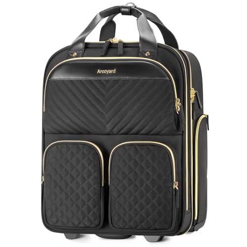 Small Underseat Carry On Luggage with Wheels, Lightweight Travel Airline Approved Personal Item Bag, Multiple Compartments Carry-On Rolling Suitcase for Women, Black Gold