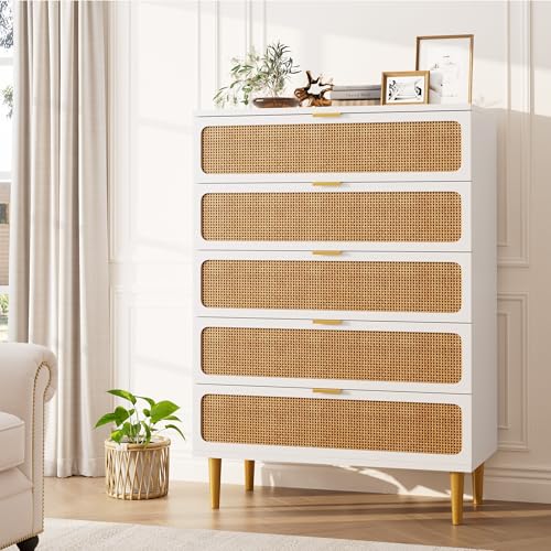 Rattan 5 Drawer Tall Dresser for Bedroom, Black V99880