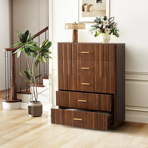 Fluted 5 Drawers Dresser for Bedroom, Wooden Tall Storage, Walnut L1075
