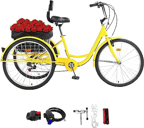 Adult Tricycles 24inch Cruiser Trike 3 Wheel 7 Speed Trikes with Shopping Basket and Backrest for Seniors, Women, Men Multiple Colors (Green)
