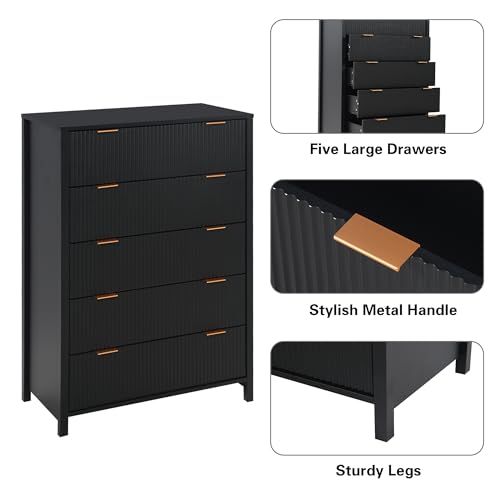 Fluted 5 Drawers Dresser for Bedroom, Wooden Tall Storage, Walnut L1075