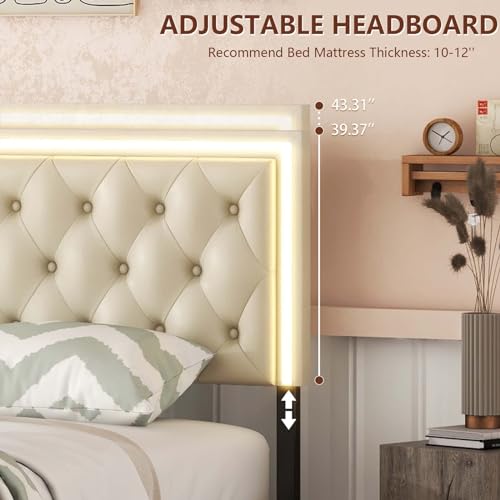 Queen Size Upholstered Bed Frame with 4 Storage Drawers, LED Light, No Box Spring Needed W7079