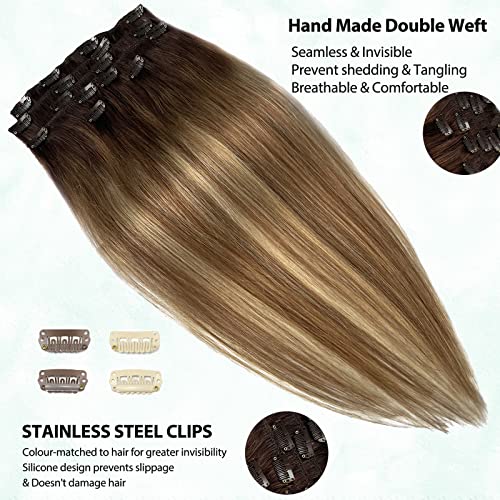 Clip in Hair Extensions 18 Inch Balayage Brown to Ash Brown Remy Human Hair 7pcs P659