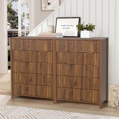 Fluted 5 Drawers Dresser for Bedroom, Wooden Tall Storage, Walnut L1075