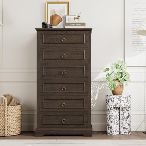 HOSTACK 6 Drawer Dresser for Bedroom, Tall Modern Farmhouse Chest, Dark Brown H747285