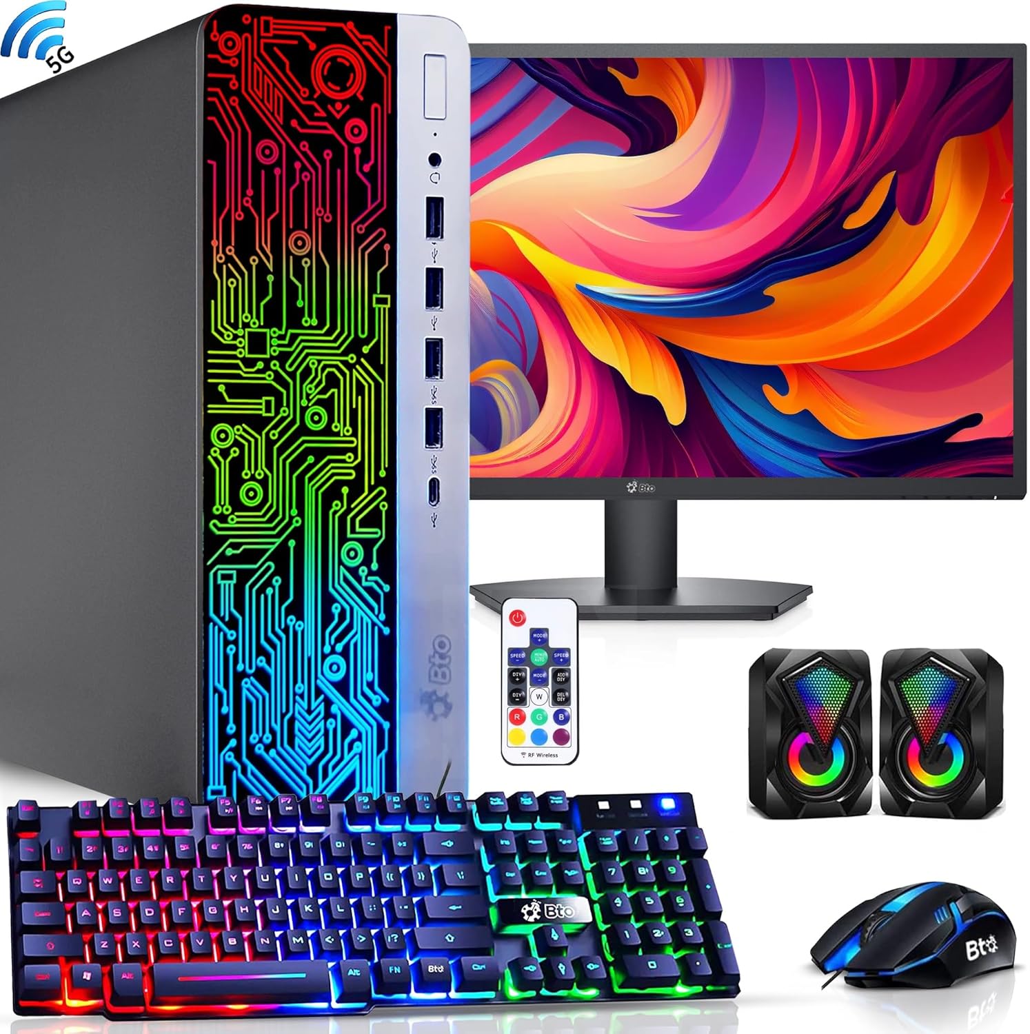 BTO Desktop Computer RGB PC, Intel Core i5, 16GB DDR4 Ram, New 256GB SSD + 1TB HDD, HDMI, RGB Keyboard and Mouse, Built-in WiFi, 22 Inch Monitor, Type C Port, Windows 10 Pro (Renewed)