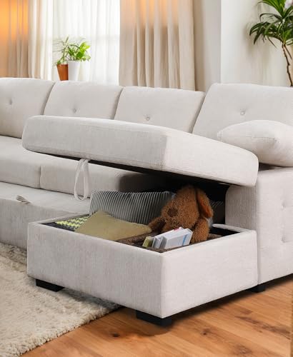 L-Shaped Pull Out Sleep Sofabed with Storage Chaise, Chenille Upholstered X30892