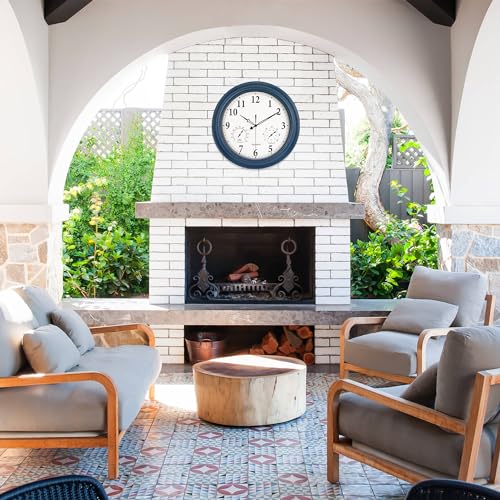 Outdoor Clock Waterproof 18 in with Thermometer Hygrometer Silent Vintage Wall Clock Navy Blue Y83330