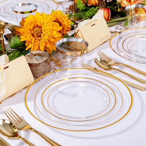 bUCLA 300PCS Gold Disposable Dinnerware Set - White and Gold Plastic Plates for Party S185