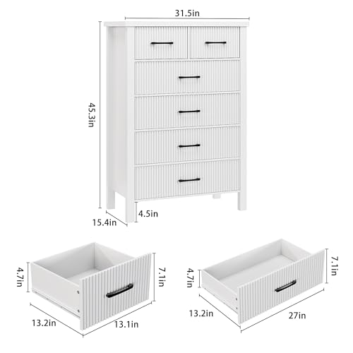 Fluted 6 Drawers Dresser for Bedroom, Tall Boho Chest with Metal Handle, Natural Oak S427