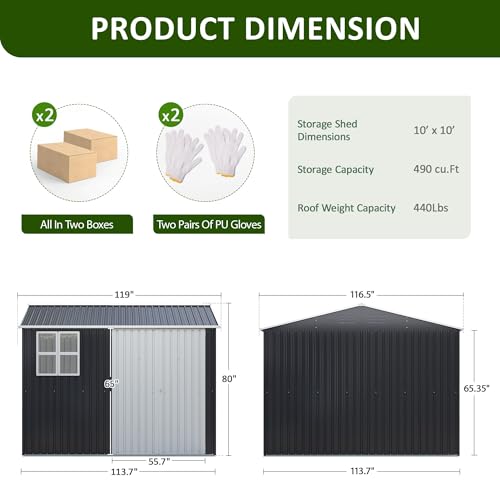 10x10 FT Outdoor Metal Storage Shed with Lockable Doors, Grey Q804763