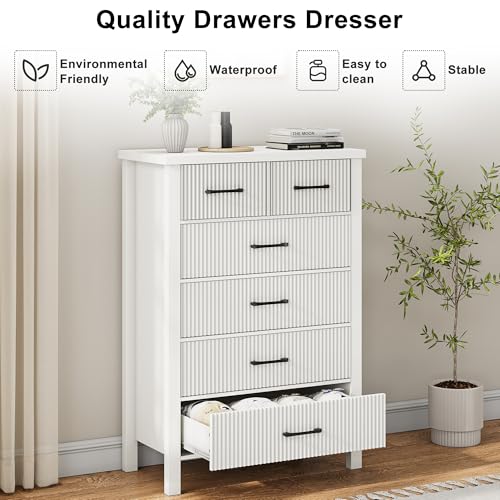 Fluted 6 Drawers Dresser for Bedroom, Tall Boho Chest with Metal Handle, Natural Oak S427