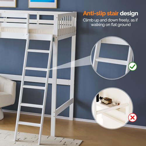 VINGLI Twin Loft Bed with L-Shaped Desk, 3 Storage Drawers, Solid Wood, White W24917