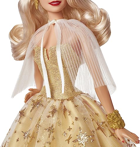 Barbie Signature 2023 Holiday Doll, Black Hair Golden Gown, Collectible with Stand & Certificate Y6212
