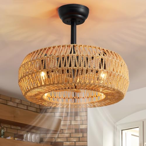 20" Farmhouse Caged Ceiling Fan with Lights Remote Control, Cage Low Profile Bladeless Ceiling Fan, Boho Ceiling Fans with Light for Kitchen, Bedroom, Dining Room