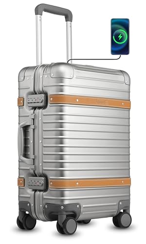 LUGGEX All Aluminum Carry On Luggage with Wheels - Zipperless Hardshell Luggage with TSA Lock (Silver Suitcase,20 Inch)