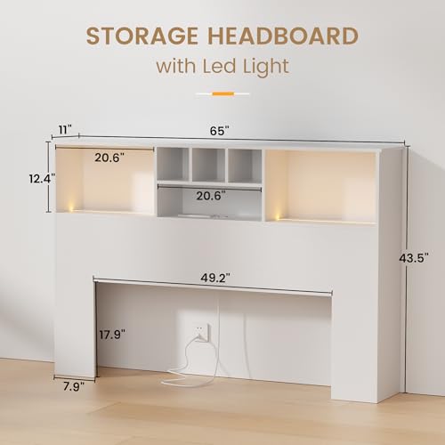 King Size Bed Headboard with LED Light and Storage Bookcase H72493