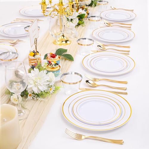 bUCLA 300PCS Gold Disposable Dinnerware Set - White and Gold Plastic Plates for Party S185