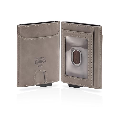 Stealth Mode Pop-Up Leather Wallet - RFID Blocking Front Slim Wallet for Men - Minimalist Napa Leather Men's Wallet With 8 Card Holders, ID Card Holder With Clear Window & Bills Pocket - (Brown)