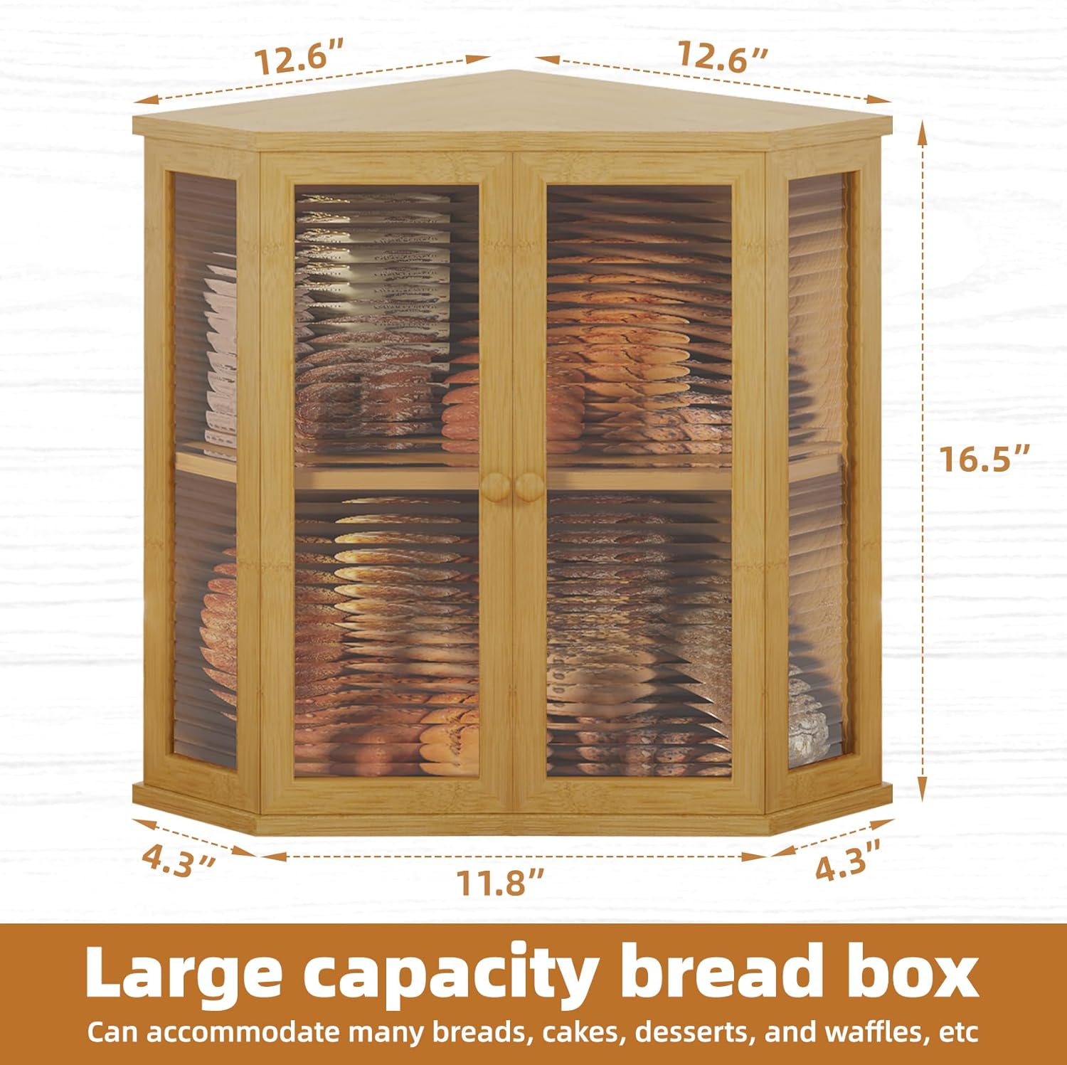 Extra Large Corner Bread Box for Kitchen Countertop, 16.5 inch Bamboo with Glass Door L75900