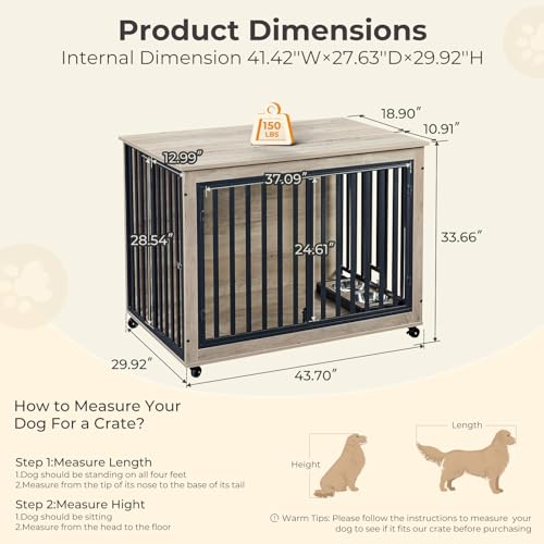 Dog Crate Furniture with Pull-Out Bowls, Heavy Duty Wooden Kennel, Grey F410