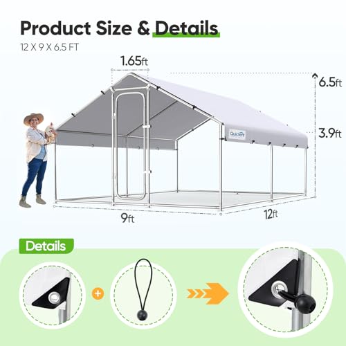 Quictent Large Metal Chicken Coop Run with Roosting Perch for 20+ Poultry, Outdoor Walk-in Hen House, 12x9x6.6FT N28773