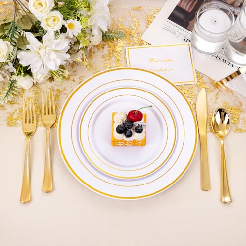 bUCLA 300PCS Gold Disposable Dinnerware Set - White and Gold Plastic Plates for Party S185