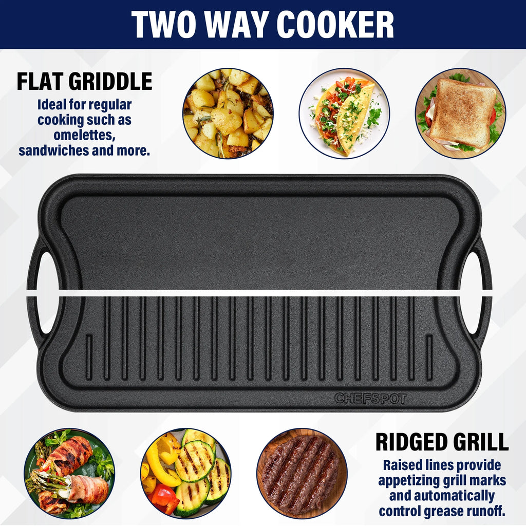 CHEFSPOT Preseasoned Cast Iron Reversible Griddle Plate Pan Y665