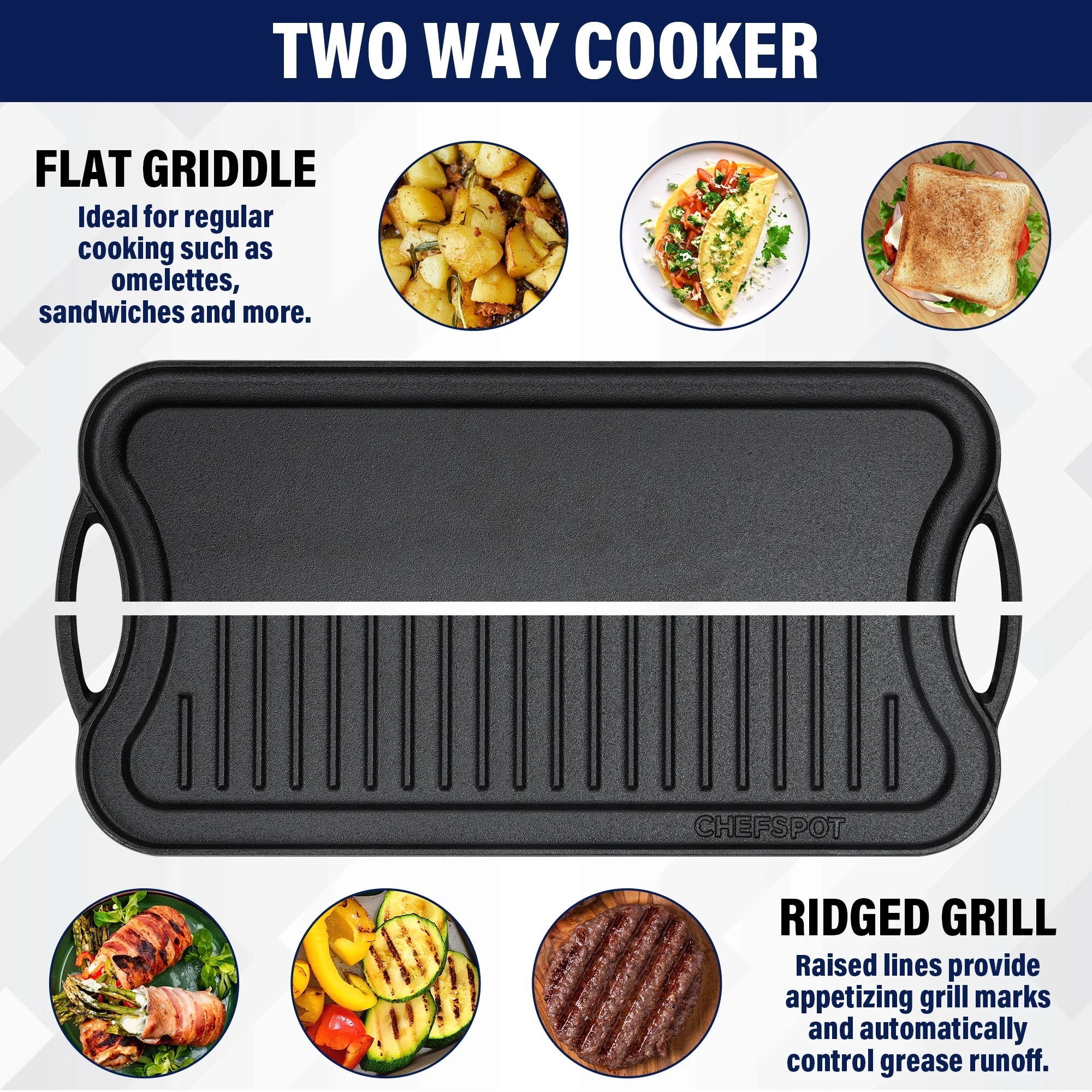 CHEFSPOT Preseasoned Cast Iron Reversible Griddle Plate Pan Y665