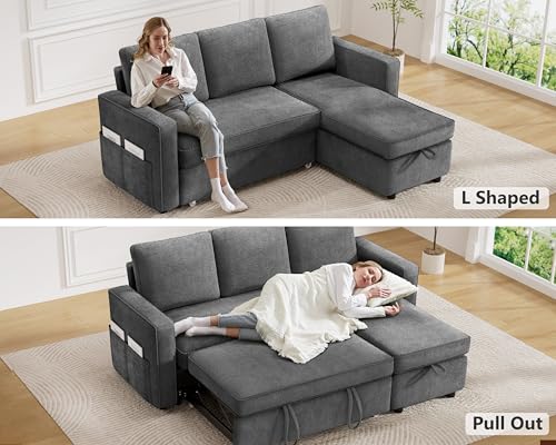81" L Shaped Sleeper Sofa Bed with Pull Out Chaise, Chenille Grey L3419
