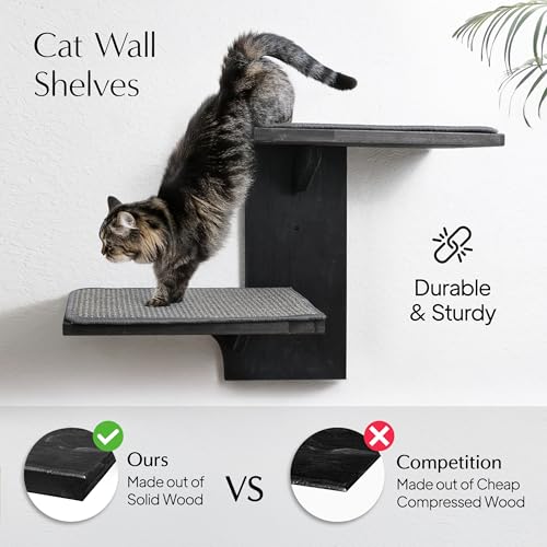 Cat Wall Shelves Two Large Steps Solid Wood with Sisal Scratching Post T8675