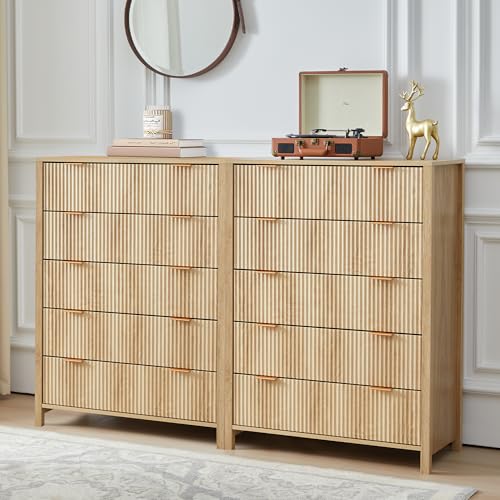 Fluted 5 Drawers Dresser for Bedroom, Wooden Tall Storage, Walnut L1075