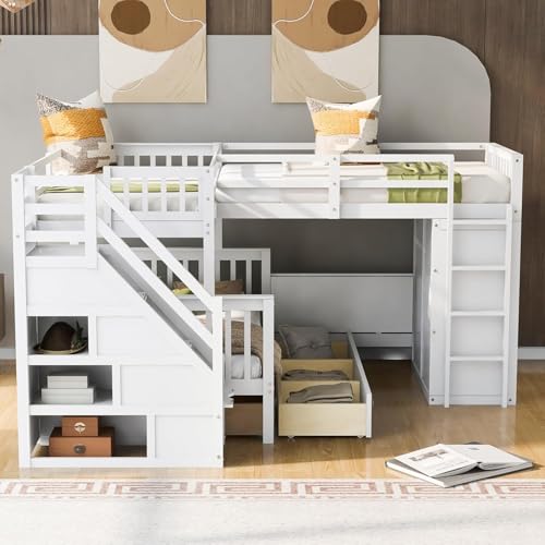 MERITLINE Twin Over Full Triple Bunk Bed with Storage Stairs, Solid Wood, Grey R998