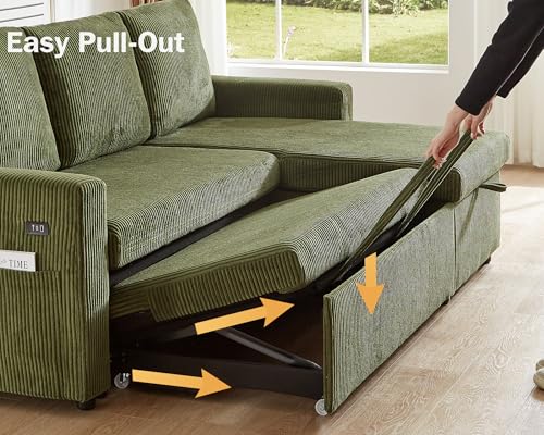 81" L Shaped Sleeper Sofa Bed with Pull Out Bed, Corduroy Green V7995