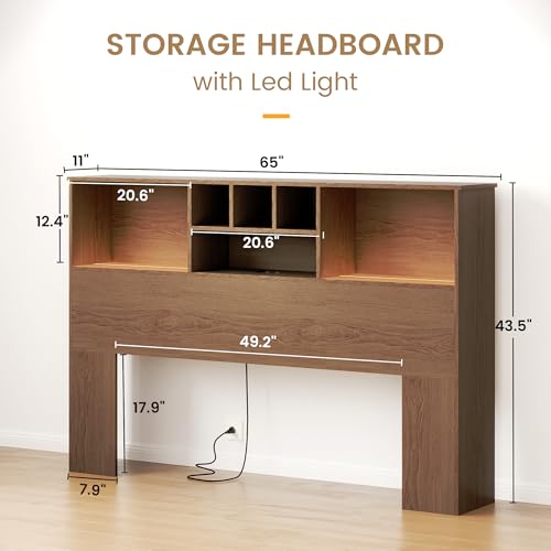 King Size Bed Headboard with LED Light and Storage Bookcase H72493