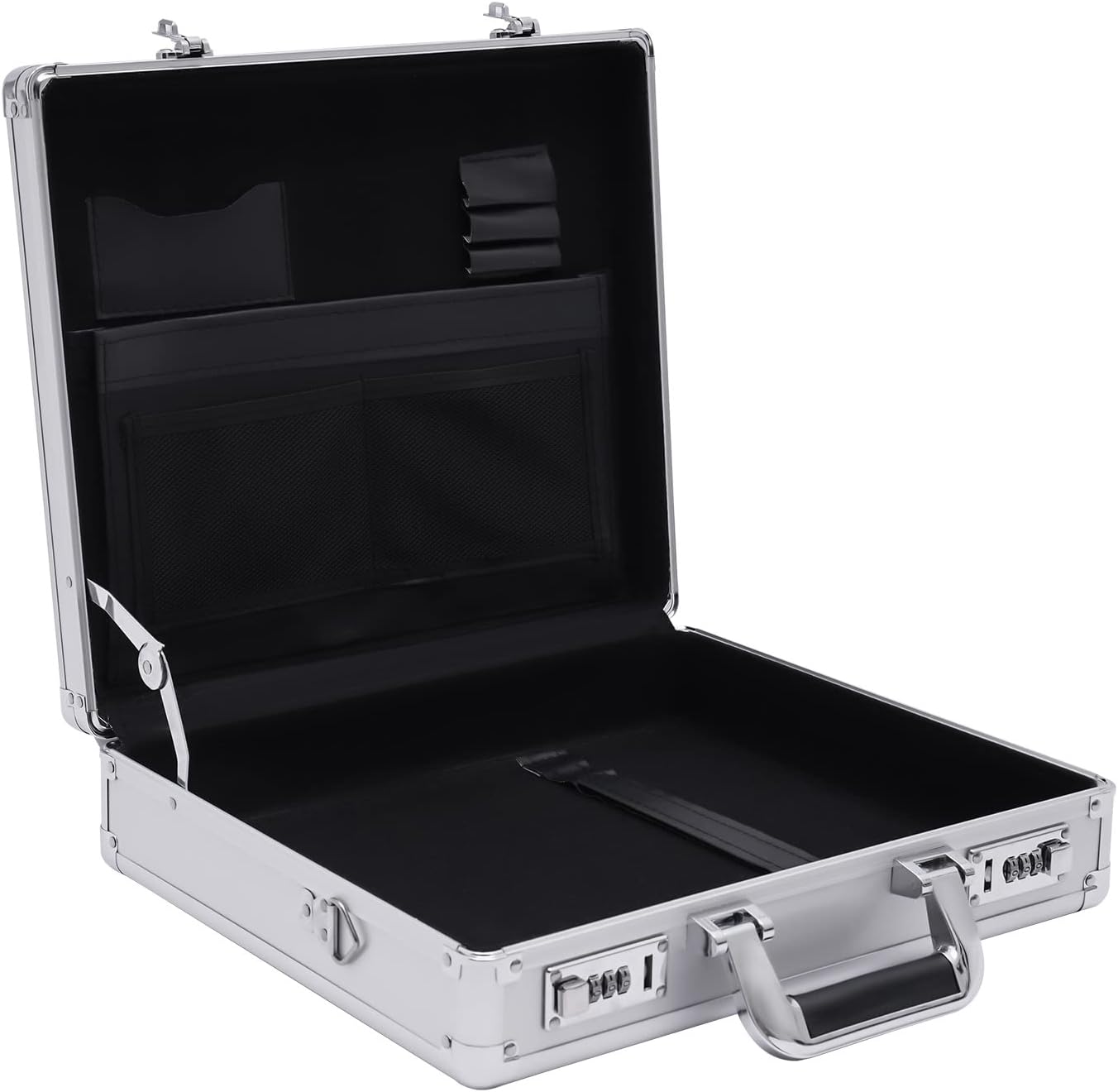 Aluminum Attache Case, 15 x 13 x 4.3 Inch Combination Lock Hard Laptop Case w/Strap, Locking Briefcases for Men and Women, Silver