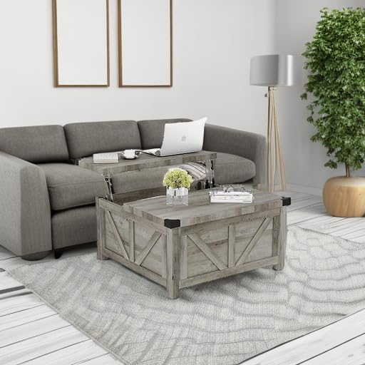 Farmhouse Lift Top Coffee Table with Storage and Charging Station, Brown J61149
