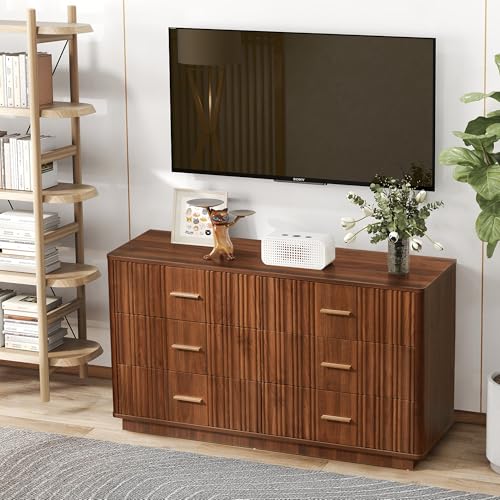 Fluted 5 Drawers Dresser for Bedroom, Wooden Tall Storage, Walnut L1075